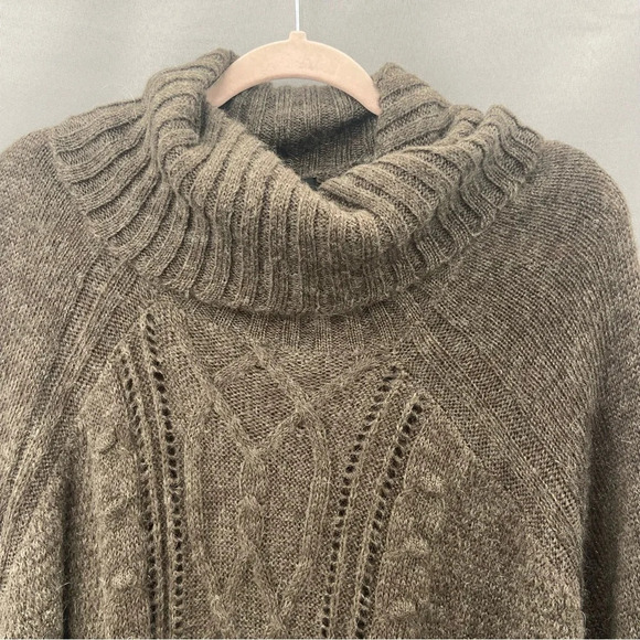 H&M Brown Cable Knit Acrylic Wool Angora Blend Turtleneck Cape Poncho One Size - Picture 3 of 7